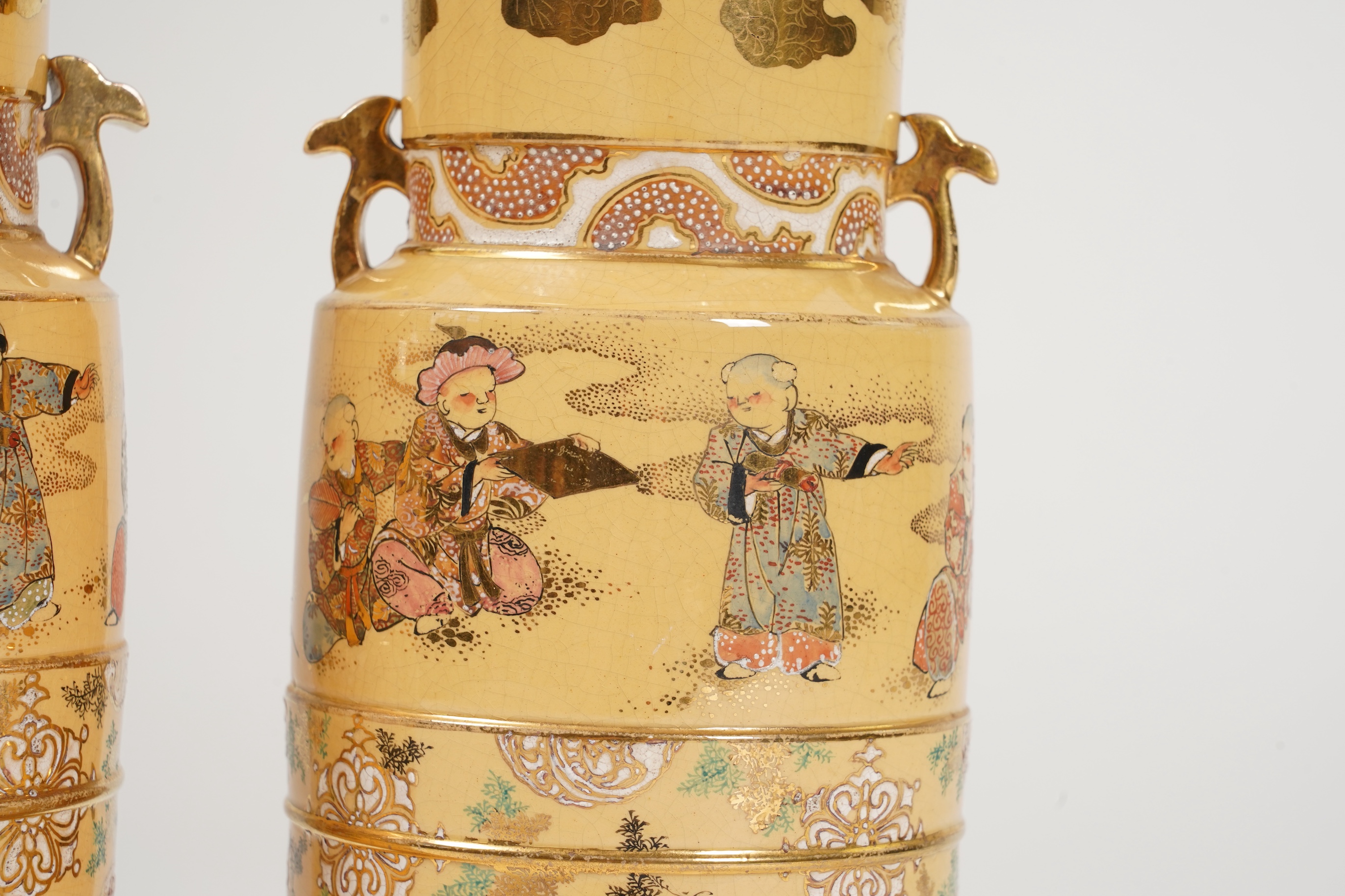 A rare pair of Japanese Satsuma lustre glazed vases, signed Fukumara, Meiji period